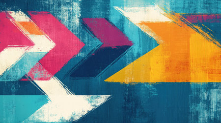 Dynamic grunge arrows intersecting vibrant brush strokes on a textured teal background, creating a modern, energetic visual.の素材