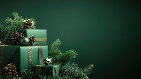 Elegant green gift boxes with pine branches, set against a rich green background, creating a harmonious Christmas celebration scene.の素材