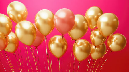 Elegant gold balloons floating over a bright pink background with geometric abstract shapes, ideal for party or event decor.の素材
