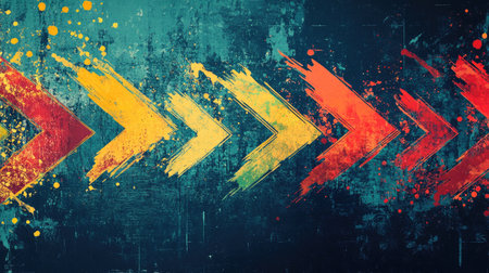 Grunge arrows with splashes of vibrant colors against a dark teal background, offering a bold and dynamic abstract look.の素材