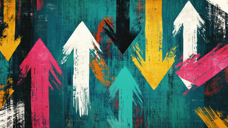 Grunge-style arrows with bold, colorful brushstrokes on a textured teal background, perfect for creative, edgy designs.の素材