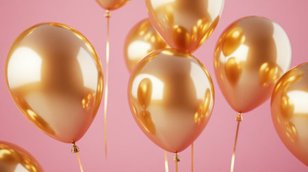 Gold balloons shimmering against a smooth pink background, surrounded by bold abstract shapes, perfect for party decorations.の素材