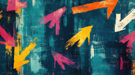 Grunge-style arrows with bold, colorful brushstrokes on a textured teal background, perfect for creative, edgy designs.の素材