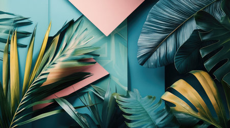 Green tropical leaves layered over abstract geometric shapes on a teal background, perfect for a fresh and modern wall art vibe.の素材