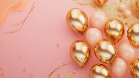 Gold balloons shimmering against a smooth pink background, surrounded by bold abstract shapes, perfect for party decorations.の素材