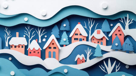 Papercut-style winter village with snow-covered houses and trees, accented by modern abstract shapes for a whimsical winter design.の素材