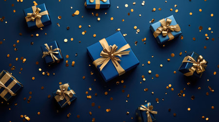 Luxurious gold and blue Christmas gift boxes on a rich blue background with scattered confetti and abstract shapes, creating a festive and modern look.の素材