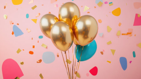Luxurious gold balloons against a pastel pink background, enhanced with colorful abstract shapes, perfect for a party setting.の素材