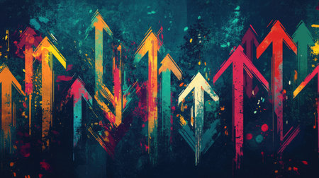 Grunge arrows with splashes of vibrant colors against a dark teal background, offering a bold and dynamic abstract look.の素材