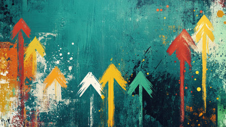 Grunge arrows with splattered paint and bold, colorful strokes over a rugged teal background, perfect for dynamic, modern visuals.の素材
