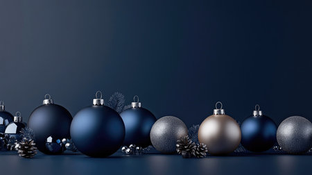 Shiny Christmas baubles against a sleek navy blue backdrop, enhanced with layered abstract shapes for a festive yet contemporary look.の素材