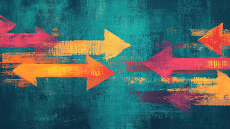 Vibrant grunge arrows with colorful strokes over a distressed teal background, adding a sense of movement and energy.の素材