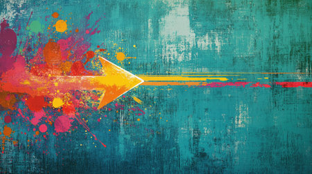Grunge arrow design with splashes of bright colors over a textured teal background, perfect for bold, creative visuals.の素材