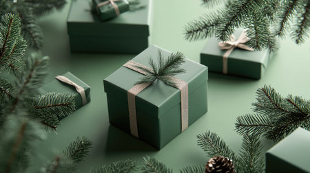 Luxurious green gift boxes surrounded by pine branches, laid out on a soft green backdrop for an elegant Christmas display.の素材