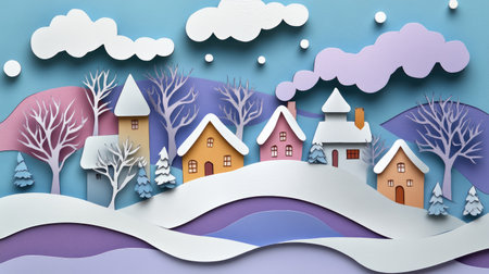 Papercut-style winter village with snow-covered houses and trees, accented by modern abstract shapes for a whimsical winter design.の素材