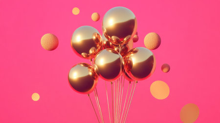 Golden balloons contrasted with abstract shapes on a vibrant pink background, bringing a modern flair to celebration decor.の素材