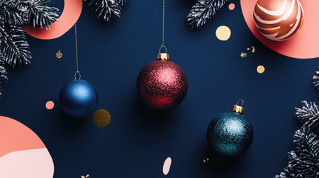 Shiny Christmas baubles on a navy blue background, surrounded by colorful abstract shapes for a fun and modern holiday vibe.の素材