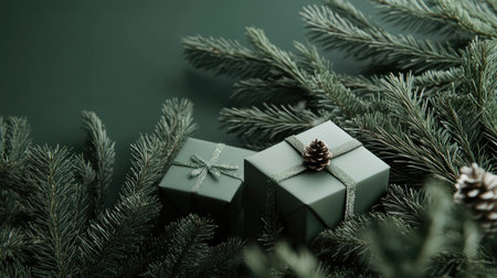 Stylish green Christmas gift boxes resting among pine branches, set on a deep green background for a classic holiday feel.の素材