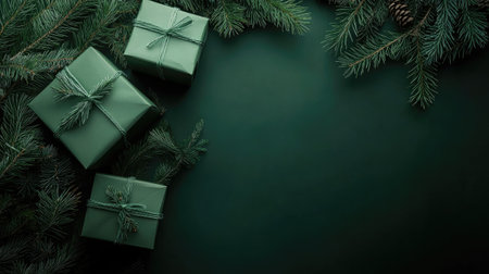 Holiday green gift boxes with pine branches scattered on a deep green background, evoking a fresh and natural Christmas scene.の素材