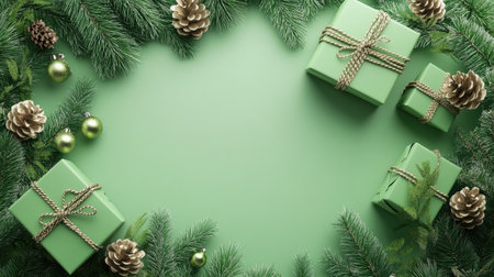 Green Christmas gift boxes and pine branches forming a festive holiday scene on a matching green background.の素材