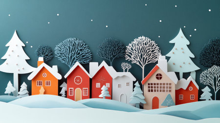 Papercut-style houses and trees in a snowy winter village, paired with gentle abstract shapes for a cozy holiday feel.の素材