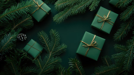 Stylish green Christmas gift boxes resting among pine branches, set on a deep green background for a classic holiday feel.の素材