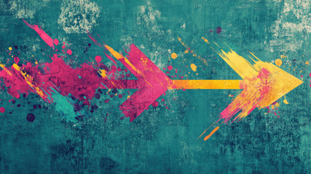 Grunge arrow design with splashes of bright colors over a textured teal background, perfect for bold, creative visuals.の素材