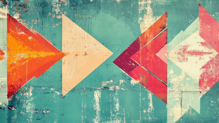 Vibrant grunge arrows with colorful strokes over a distressed teal background, adding a sense of movement and energy.の素材