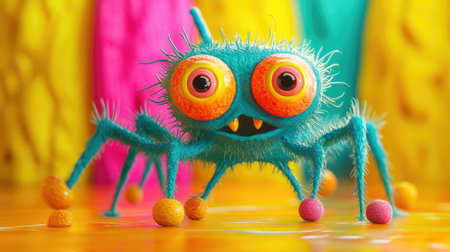 A comical monster with big googly eyes and multiple legs, standing awkwardly in a bright, colorful background. Ideal for humorous and light-hearted designs.の素材