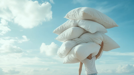 A person with flawless skin trying to carry an absurdly large stack of pillows, teetering on the edge of toppling over.の素材