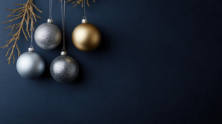 Baubles in silver and gold with minimalist abstract shapes on a dark navy blue background, perfect for an elegant Christmas setting.の素材