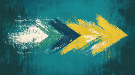 Abstract grunge arrow background with vibrant, colorful strokes on a bold teal backdrop, creating a dynamic and edgy design.の素材