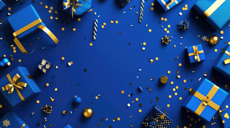 Festive scene with blue and gold gift boxes, confetti, and abstract shapes over a bold blue background, perfect for modern holiday celebrations.の素材