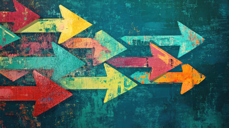 Abstract arrows with textured grunge effects and colorful strokes against a deep teal backdrop, blending chaos and creativity.の素材