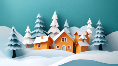 Papercut houses and trees in a winter village, surrounded by snow and softened abstract shapes for a cozy holiday look.の素材