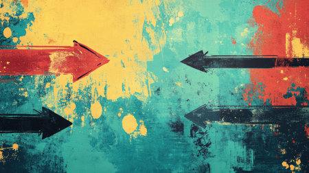 Grunge arrows with splattered paint and bold, colorful strokes over a rugged teal background, perfect for dynamic, modern visuals.の素材