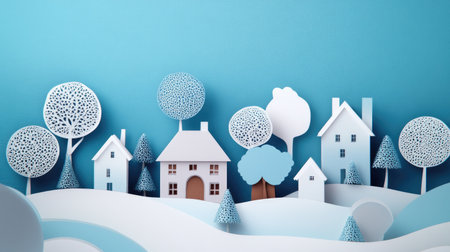 Papercut-style houses and trees in a snowy winter village, paired with gentle abstract shapes for a cozy holiday feel.の素材