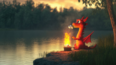 A charming 3D cartoon dragon sitting by a lake, gently roasting marshmallows with its fiery breath, in a fun and lighthearted fantasy settingの素材