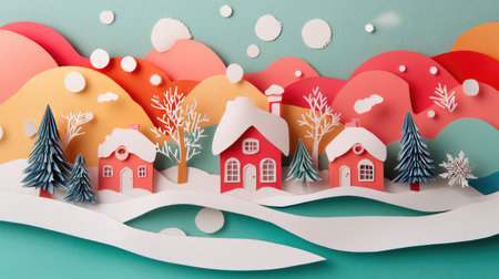 Snowy winter village with papercut houses and trees, surrounded by abstract shapes for a festive and whimsical holiday design.の素材
