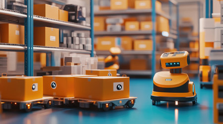 A smart factory scene showcasing autonomous robotic transportation systems, efficiently moving materials through a high-tech industrial environment enabled by 5G connectivity.の素材