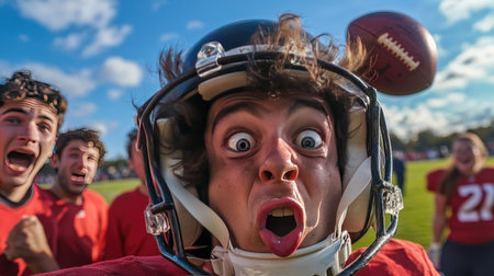 A funny close-up of a football player attempting to catch the ball, only for it to hit his helmet, with exaggerated facial expressions and shocked teammates watching.の素材