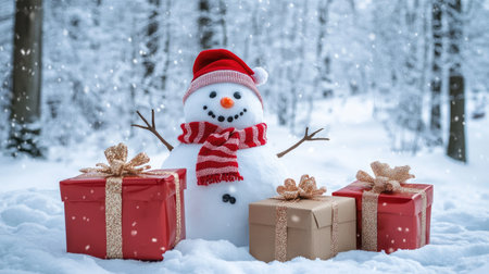 A joyful snowman and wrapped gift boxes in a snowy landscape, set against a backdrop of frosted trees in a winter wonderland.の素材