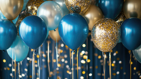 Blue and gold balloons paired with sparkling confetti and curling ribbons, creating a celebratory party backdrop.の素材