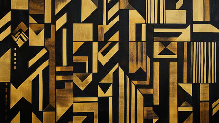 A modern black and gold geometric wall pattern adding elegance and a luxurious touch to interior spaces.の素材