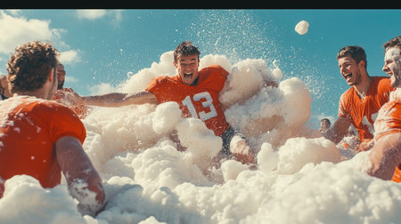 A football player hilariously getting stuck mid-dive into a giant pile of foam, with teammates laughing hysterically on the sidelines.の素材
