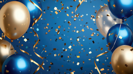Blue and gold balloons, confetti, and ribbons come together in a vibrant and festive party background.の素材