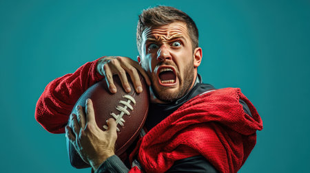 A quarterback getting tangled up in his own jersey while trying to throw the football, with exaggerated expressions of frustration and confusion on his face.の素材