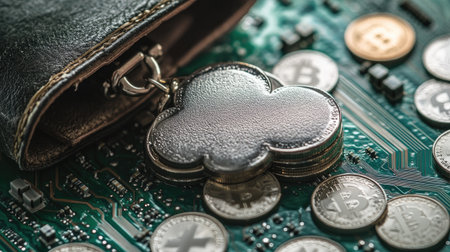 A digital concept featuring a cloud-shaped coin purse with crypto coins on a green PCB circuit board, symbolizing blockchain and technology.の素材