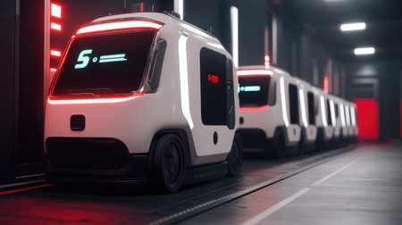 3D visualization of a smart factory with robotic transportation systems, showcasing the efficiency and speed made possible by 5G technology in industrial applications.の素材