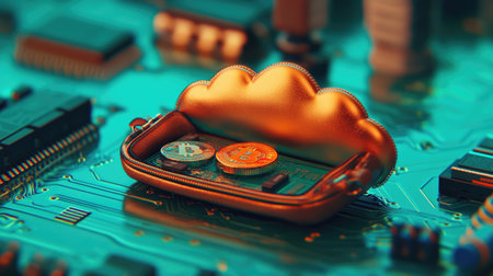 A digital concept featuring a cloud-shaped coin purse with crypto coins on a green PCB circuit board, symbolizing blockchain and technology.の素材